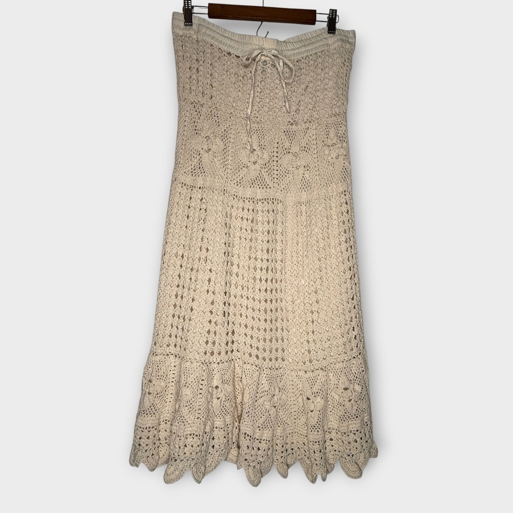 Vintage Crochet Lace Skirt Cal Style Boho Cottagecore Fairy Festival Cream XL